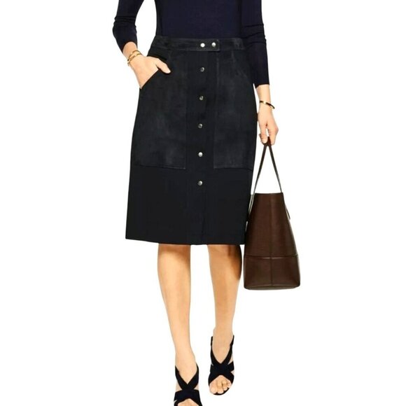 Theory Skirt Women 6 Black Suede Detail Snap Front A Line Slyn Skirt Corpcore - Picture 1 of 8